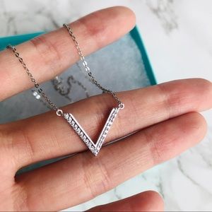 Silver Necklace V Shape With Diamonds